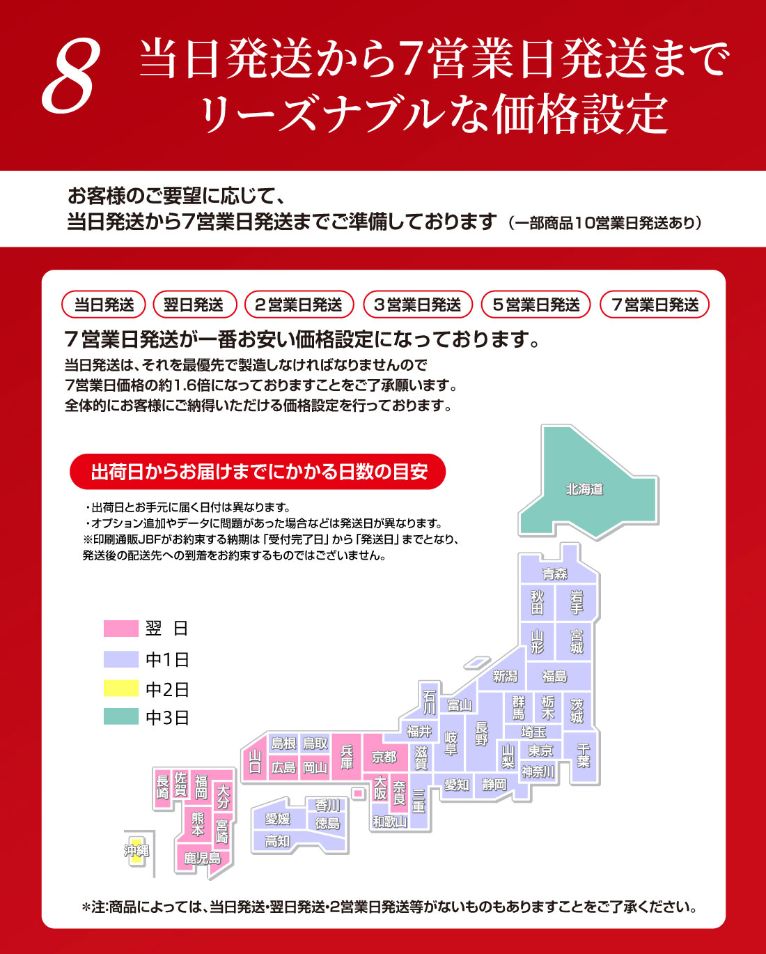 当日発送から7営業日発送までリーズナブルな価格設定